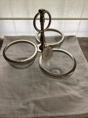 Indian Serveware Hammered Steel And Handmade Glass 3 Bowl Condiment NWT Reduced - Image 1 of 4