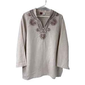 NWT Linen Top Ivory Tunic Flax Inca V Neck Gold Sequins JM Collection Size 18 - Picture 1 of 11