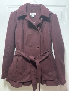 Celebrity Pink Womens Double Breasted Hooded Belted Ruffle Coat Maroon Size M - Picture 1 of 10