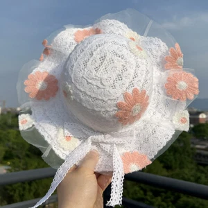 Baby Girls Straw Hat Floppy Wide Brim Sun Hat Lace Embroidered Beach Cap Bow - Picture 1 of 14