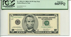 Fr 1991-G* STAR 2003A $5 Federal Reserve 66 PPQ GEM NEW 2 OF 5 - Picture 1 of 2