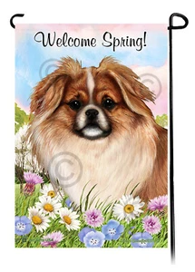 Welcome Spring Garden Flag - Fawn and White Tibetan Spaniel - Picture 1 of 1