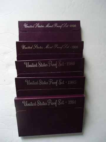 5 Sets  LOT of 1984-1990 U.S. Proof Sets in ORIGINAL Mint Boxes Cover