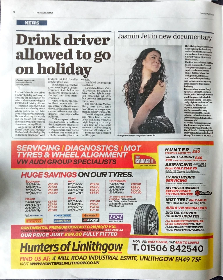 Jasmin Jet Article Thursday May 16 2024 The Falkirk Herald - Image 1 of 1