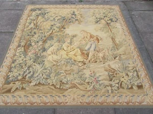 Vintage Hand Made French Design Original Green Wool Aubusson Tapestry 186X180cm - Picture 1 of 12
