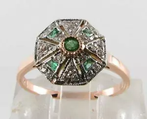 9CT 9K ROSE GOLD COLOMBIAN EMERALD & DIAMOND ART DECO INS RING FREE RESIZE - Picture 1 of 5