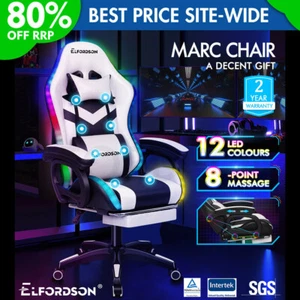 ELFORDSON Gaming Office Chair 12 RGB LED Massage Computer Seat Footrest White - Picture 1 of 12