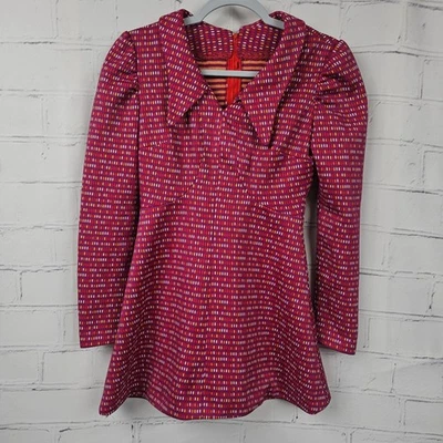 Винтажный 1970-х красный розовый геометрический женщин M длинным рукавом линия платье точка воротник - Изображение 1 из 4
