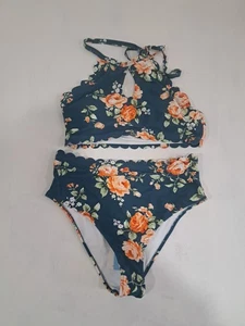 Cupshe Bikini 2 Zweiteiler Badeanzug türkis blau grün Blumen XL neu mit Etikett Rosen Neckholder - Bild 1 von 7