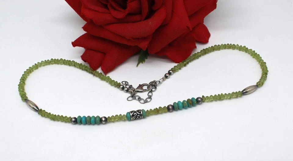 Sterling Silver FD Peridot & Turquoise  21" Beaded  Necklace  CAT RESCUE - Image 1 of 1