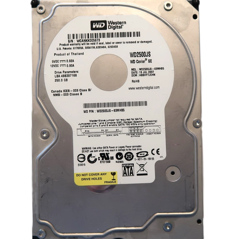 WD WD2500JS-63MHB5 HBBHYTJCHN (WCAN) Thailand 250gb 3.5" Sata HDD JUL/2007 - Image 1 of 1