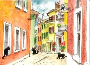 Katzen in einer europäischen Gasse, Katzenkunst, Katze Wanddeko, schwarze Katzenkunst, Blumenkunst - Bild 1 von 1