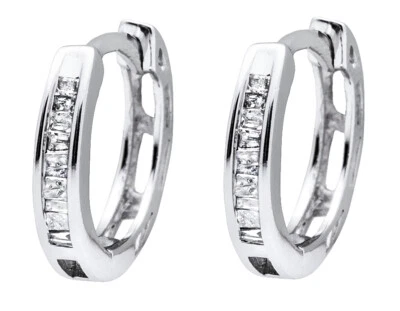 10K White Gold Invisible Set One Row Baguette Cut Diamond Hoop Earring 0.15ct - Image 1 of 4