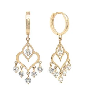 14k Yellow Gold Heart Dangle Hoop Huggie CZ Earrings - Picture 1 of 3