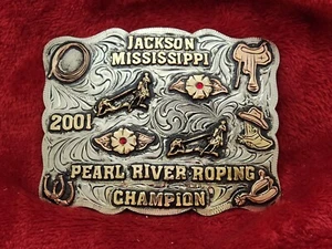 CHAMPION CALF ROPING TROPHY PRO RODEO BUCKLE☆JACKSON MISSISSIPPI☆2001☆RARE☆915 - Picture 1 of 12