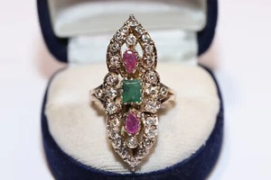 Vintage Circa 1960s 10k Gold Natural Diamond And Emerald Ruby Navette Ring - Picture 1 of 12