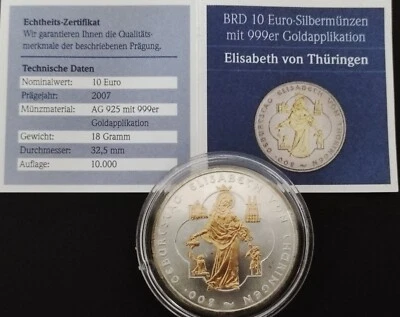 Deutschland 10 Euro 2007 Silber Elisabeth von Thüringen PP m Gold 0,999 Art.002- - Bild 1 von 4