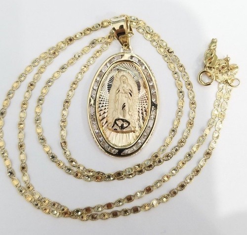 Ciondolo Charm Zirconi Religiosi Vergine Maria Oro Tri 10K Catena Valentino 24" Donna