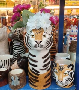 Tall Flower Vase Pot Ceramic Tiger Head Figurine Succulent Plant Home Decor - Picture 1 of 10