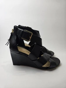 Clarks Sandals Womens 4.5 Black Leather Wedge Heels Cross Strap Comfort Casual - Picture 1 of 11