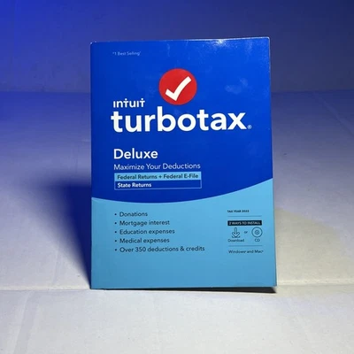 ⚡ NEW Turbotax Deluxe 2022 Federal Returns E-File + State PC/Mac CD/Download⚡ - Image 1 of 3