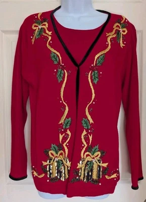 Suéter Navidad Vintage Studio Collection Rojo Bordado Talla Grande Grannycore Foto 1 de 4