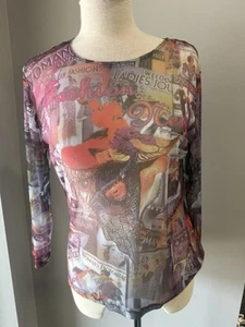 Vintage Y2K Mesh Sheer 3/4 Sleeve Top Fashion Ads M - Picture 1 of 4