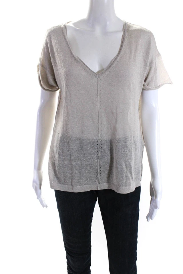 Blusa Top 525 America Mujer Manga Corta Tejida Cuello en V Beige Lino Talla XS Foto 1 de 4
