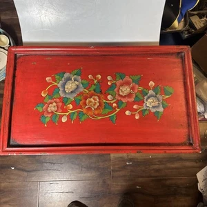 Asian / Chinese antique Hand Painted peony wood serving tray / Wall Plaque 31” - Picture 1 of 22