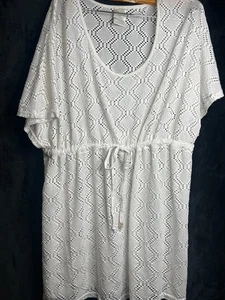 White Crochet Swim Cover-Up Dress Women’s Large Drawstring Waist Pre-Owned B2 - Picture 1 of 4