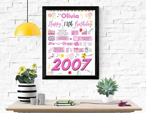 PERSONALISED 18TH BIRTHDAY GIRL A4 POSTER PRESENT ✅ 2007 YEAR YOU WERE BORN 18 - Picture 1 of 10