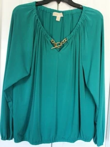 Michael Kors Top Stretch MK Logo Blouse Keyhole Golden Chain Shirt Size XL - Picture 1 of 3