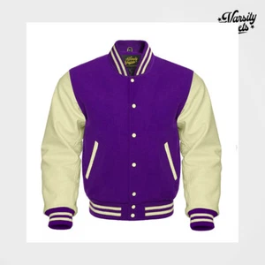 Purple body Cream Sleeves Pro Varsity Jacket Letterman Baseball College Bomber - Picture 1 of 5