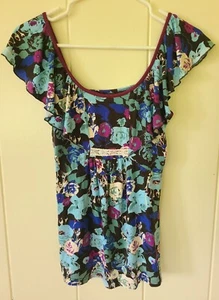 Cinnamon Women's Jrs S Floral Tank Top with Ruffle Flutter Shoulder - Picture 1 of 4