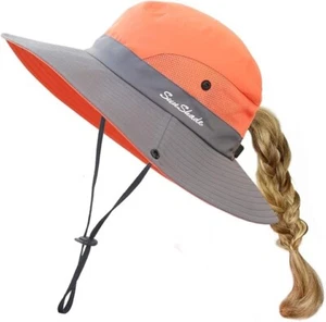 Kids Girls Sun Hat UV Protection Wide Brim Beach Cap with Ponytail Hole - Picture 1 of 7