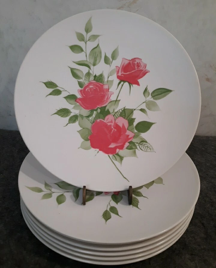 Vtg.  MCM Set of 7 Melamine 9" Dinner Plates w/ Dark Pink Roses w/ Green Leaves - Image 1 of 4