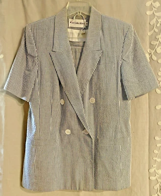 VTG seersucker skirt suit women's 10 cotton blue/ white coastal old money - Image 1 of 4