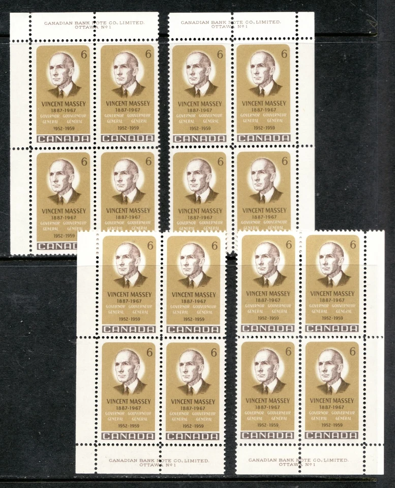 1969 - #491 MNH Plate Block Set - Canada Governor General Vincent Massey cv$6 - Image 1 of 1