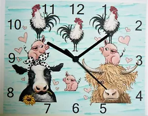 farm animals wall hanging clock farmyard stock cow cockrel piglet smallholding - Picture 1 of 4