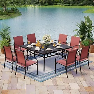 9 Piece Patio Dining Set Outdoor Metal Square Table with Umbrella Hole - Picture 1 of 8