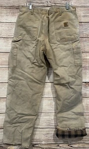 Men’s Carhartt Flannel Lined Canvas Work Pants Distressed Size 36x32 Khaki Retro - Picture 1 of 10