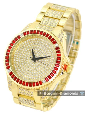 Reloj de clubbing para hombre tono dorado bisel de circonita roja esfera dorada 8 circonitas doradas enlaces a 8,5" Foto 1 de 4