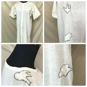 Antique Nightgown size L White Cotton Embroidered Birds Clouds Snap Front DS3 - Picture 1 of 9