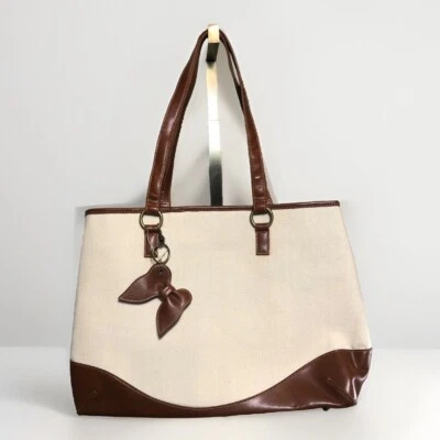 Bolsa tote Coldwater Creek alça dupla acabamento em couro lona bege marrom - Imagem 1 de 4