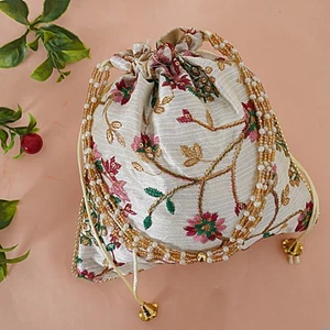 White Potli Bag Bridal Purse Handbag Gold Silk Embroidery Pouch Bag Wedding - Picture 1 of 5