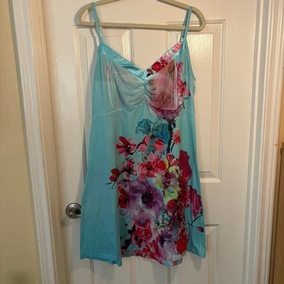 OneWorld Sleep Nightgown XL Aqua Blue Floral Print Slip Dress Pajama Chemise - Image 1 of 4