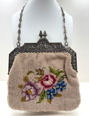 ANTIGUO BOLSO DE MANO VICTORIANO 1900 BORDADO A MANO PUNTA DE AGUJA MARCO PLATEADO Foto 1 de 4
