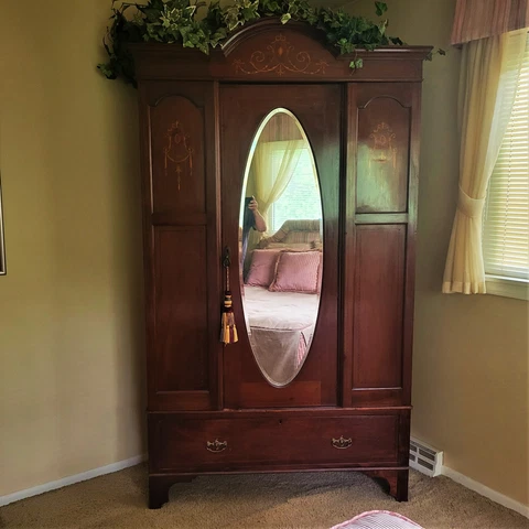 ANTIQUE English Mahogany Armoir Beveled Mirror Original Finish & Hardware READ Cover