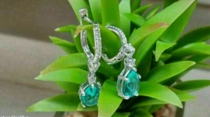 2Ct Pear Emerald & Simulated Diamond Drop Dangle Earrings 14K White Gold Plated - Picture 1 of 4