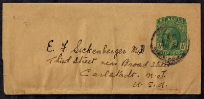 Papelería postal Santa Lucía 1911 KG V 1/2d envoltura verde usada GEMA RARA Foto 1 de 2